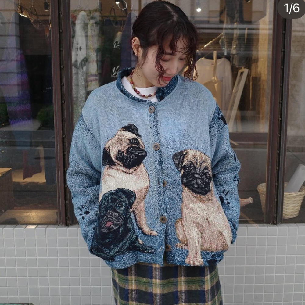 Vintage 90s Deadstock Sugar Street Weavers Pug woven Tapestry Jacket Cardigan